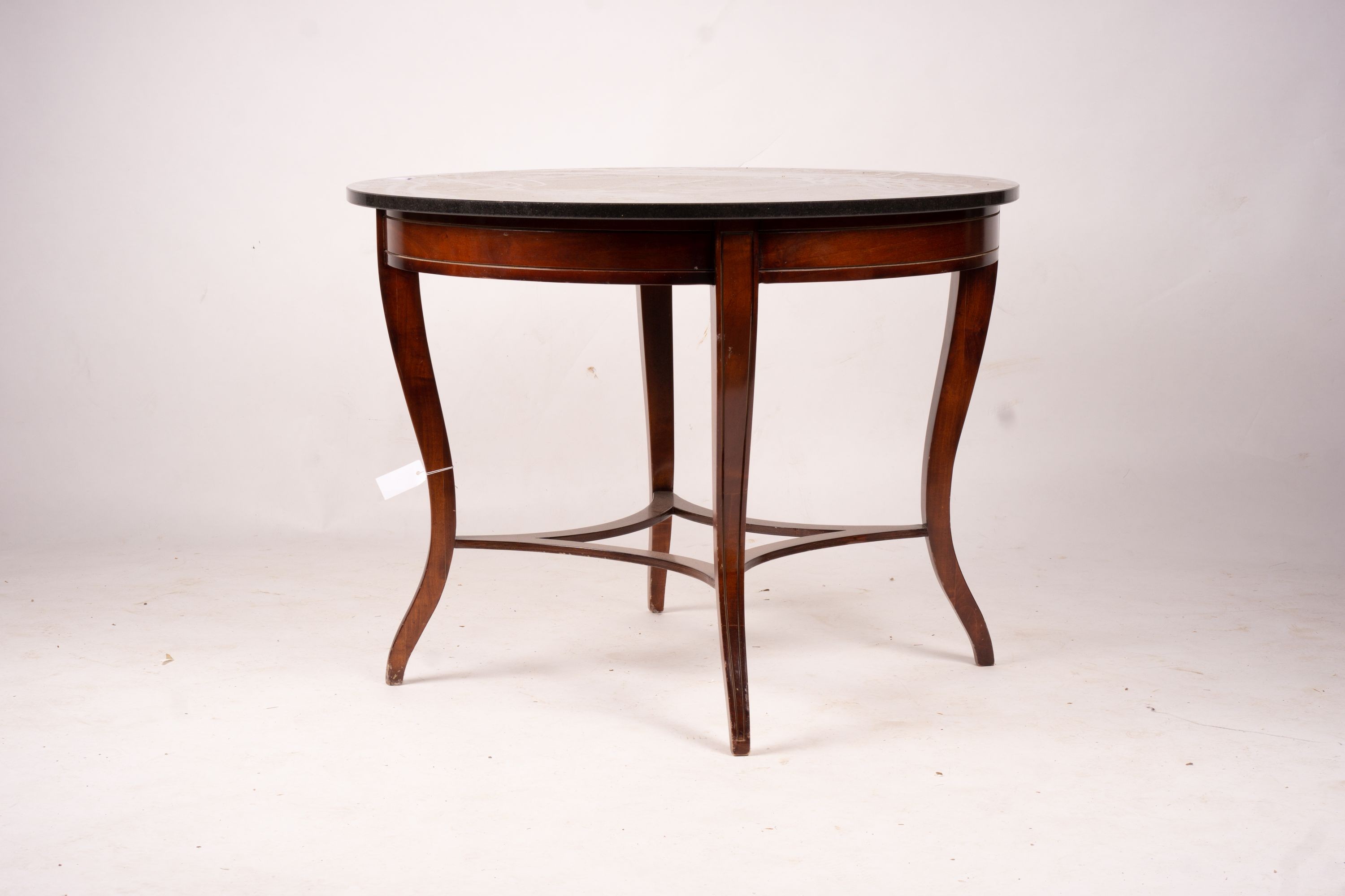 A reproduction French Empire style circular mahogany marble top centre table, diameter 96cm, height 73cm